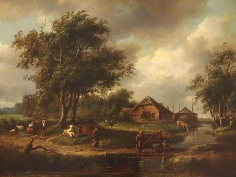1747-Anthonie Andriessen - Paesaggio con figure, mucche, pecore e cavallo nella fattoria sul fosso